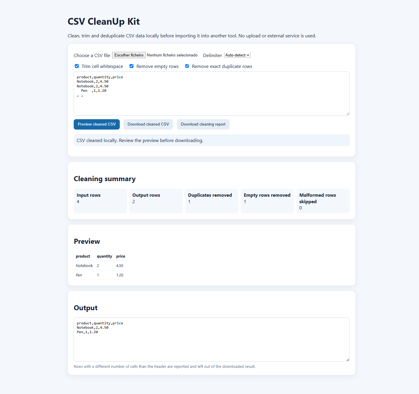 CSV CleanUp Kit interface showing cleaned rows and a preview