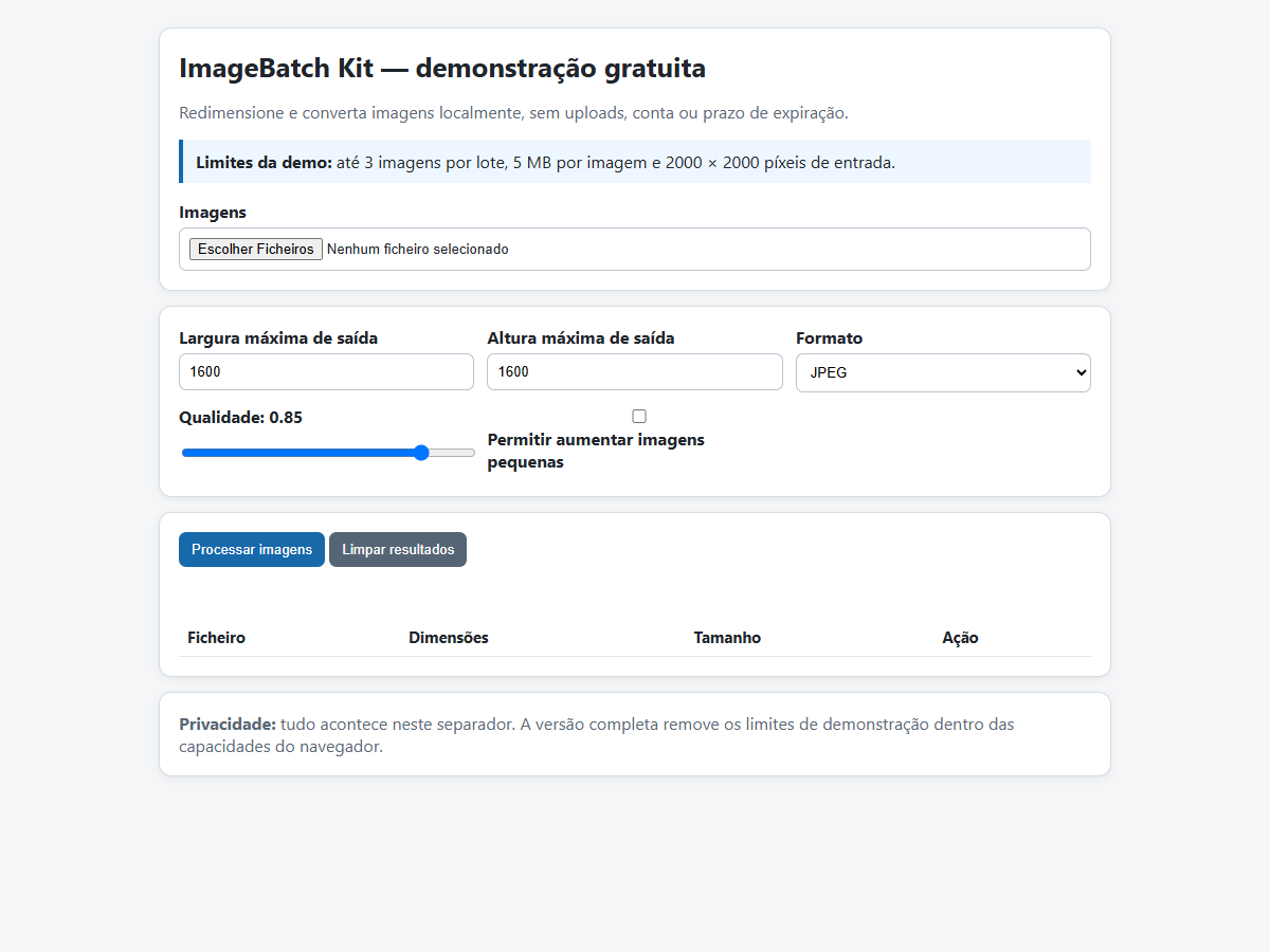 Pré-visualização real de ImageBatch Kit v1.0.0 — Redimensionamento Offline